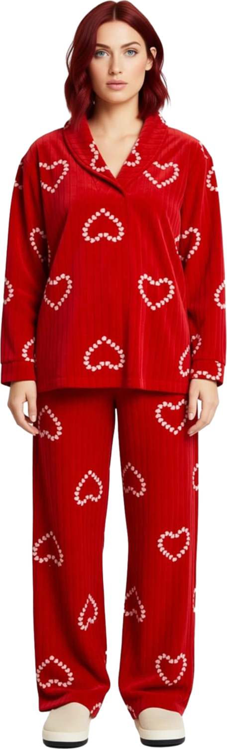Kirmizi Kalpli Polar Pijama Takımı Kadin Fonksiyonel Dayanıklı Kaliteli Konforlu Estetik Şık