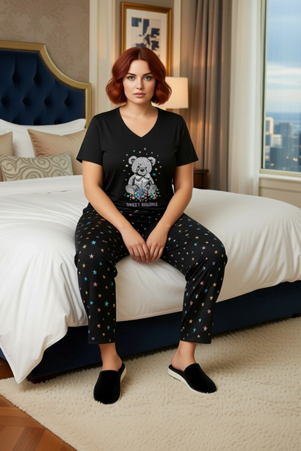 Kadın V Yaka Ayıcık Yıldız Desenli Pijama Takımı Fonksiyonel Dayanıklı Kaliteli Konforlu Şık
