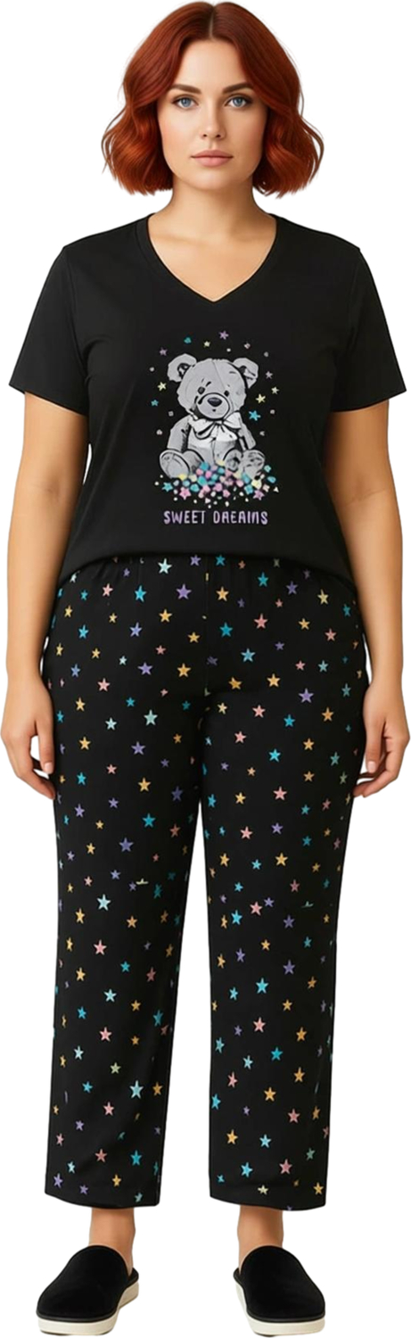 Kadın V Yaka Ayıcık Yıldız Desenli Pijama Takımı Fonksiyonel Dayanıklı Kaliteli Konforlu Şık