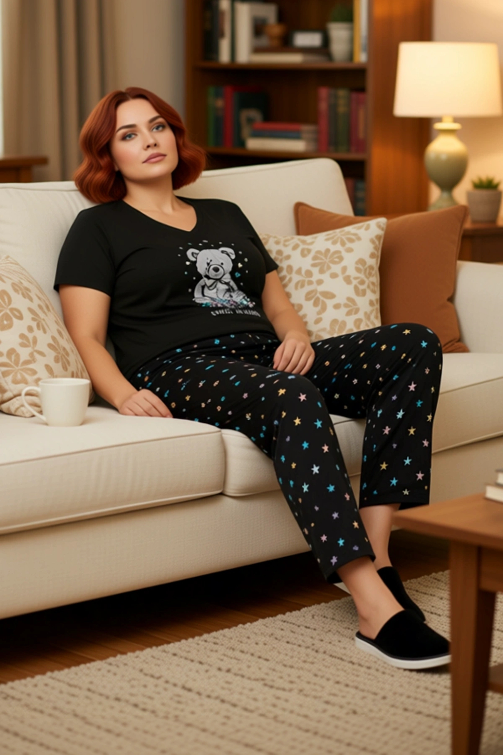 Kadın V Yaka Ayıcık Yıldız Desenli Pijama Takımı Fonksiyonel Dayanıklı Kaliteli Konforlu Şık