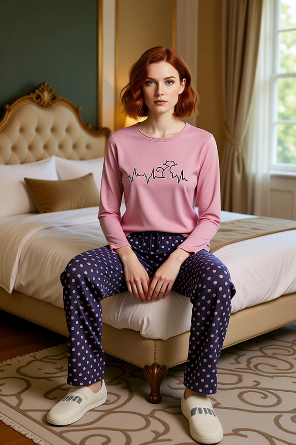 Tarz Rahat Büyük Beden Uzun Kollu Dar Paça Çiçek Desenli Desenli Örme Pijama Takımı