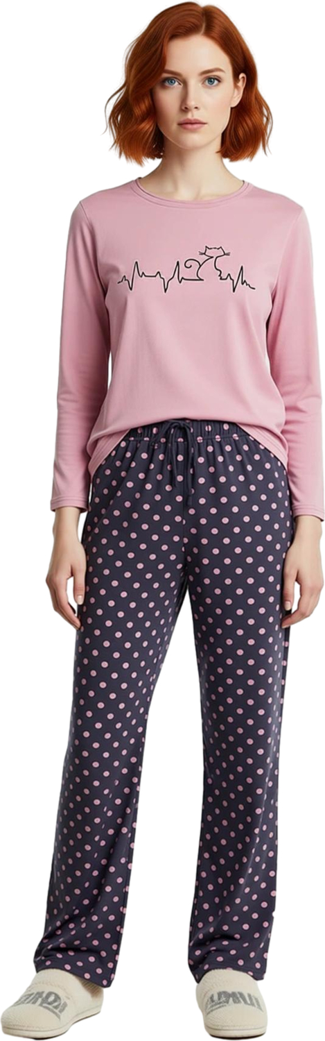 Tarz Rahat Büyük Beden Uzun Kollu Dar Paça Çiçek Desenli Desenli Örme Pijama Takımı