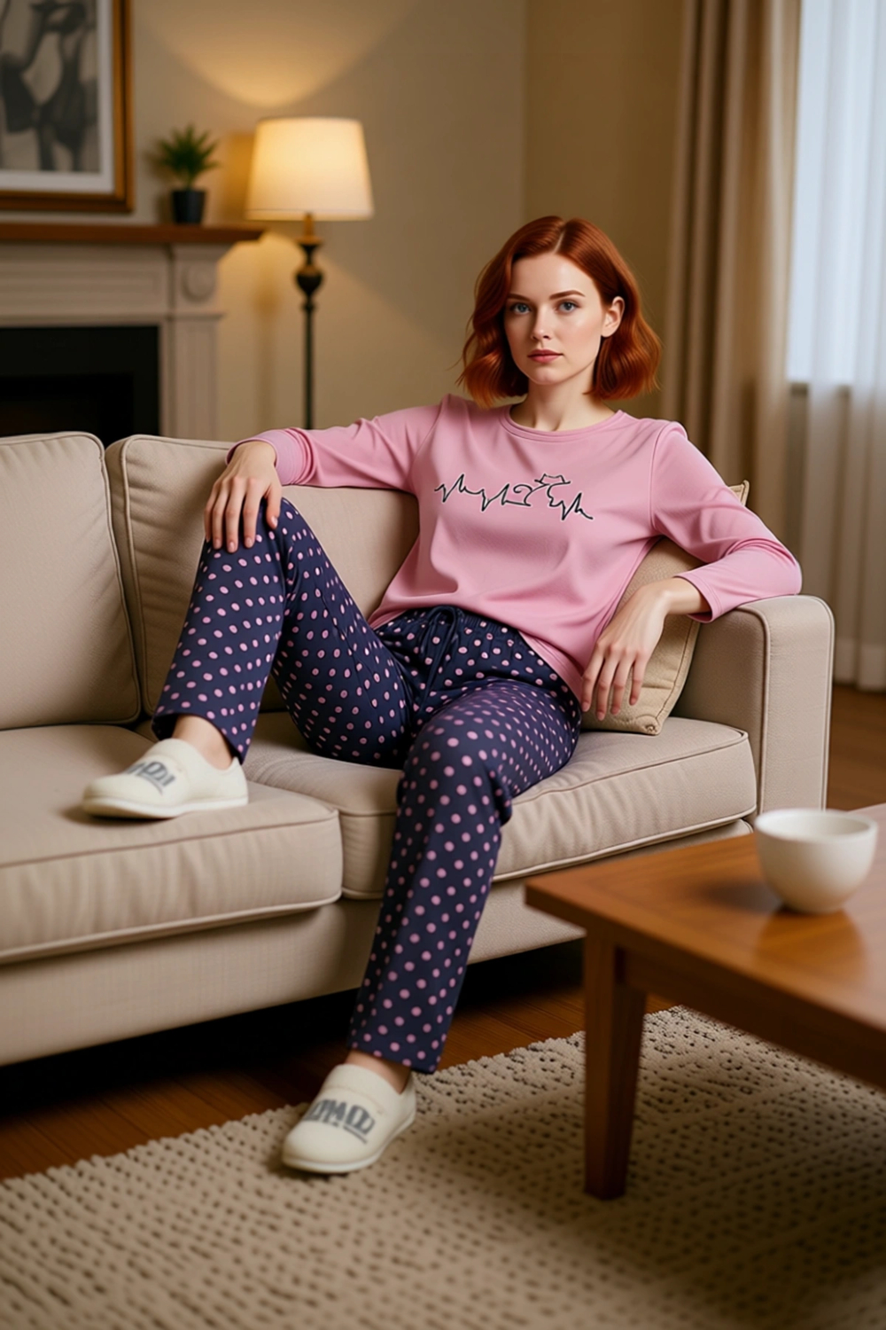 Tarz Rahat Büyük Beden Uzun Kollu Dar Paça Çiçek Desenli Desenli Örme Pijama Takımı