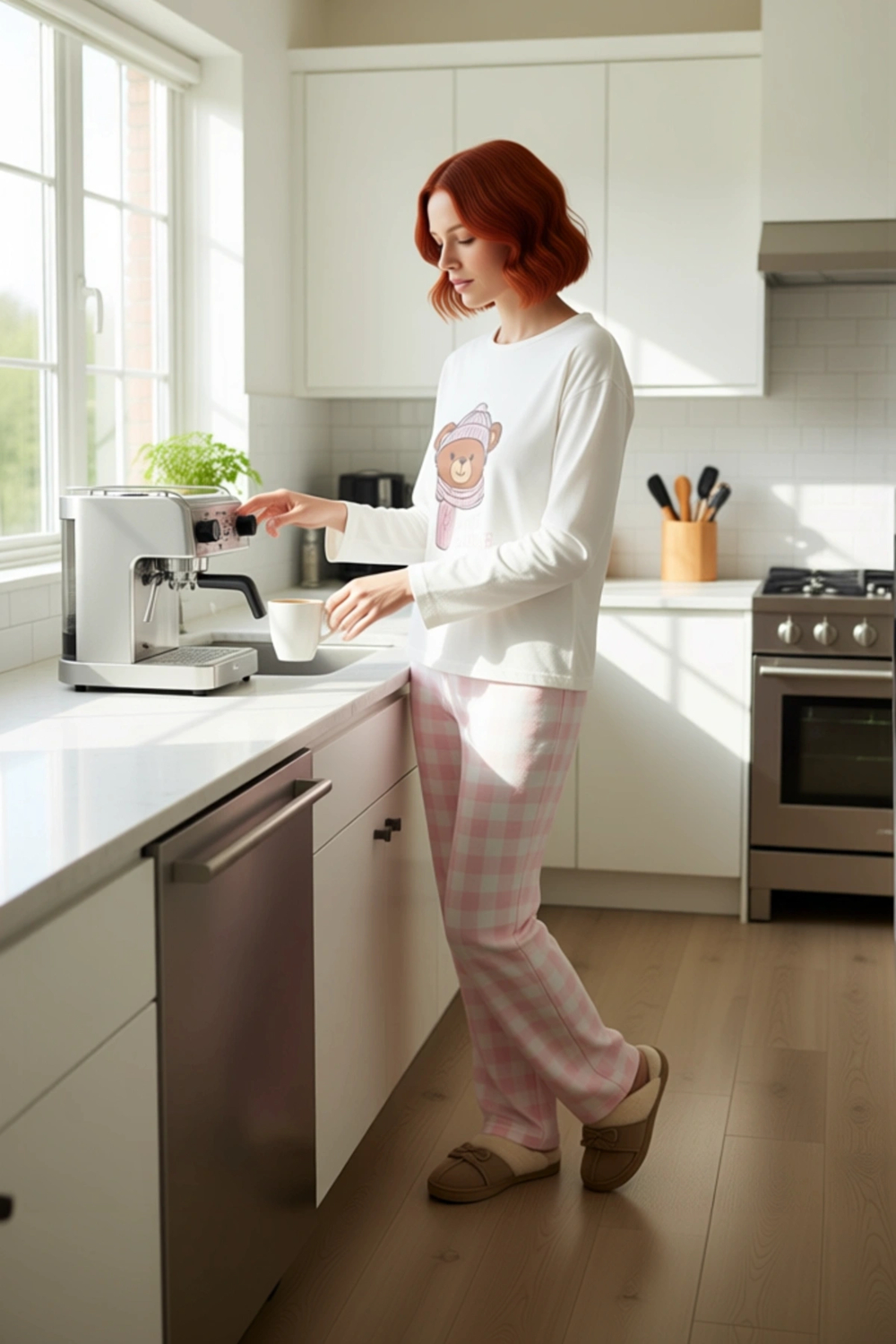 Kadın Ayıcık Baskılı Ekose Pijama Takımı Fonksiyonel Dayanıklı Kaliteli Konforlu Estetik Şık