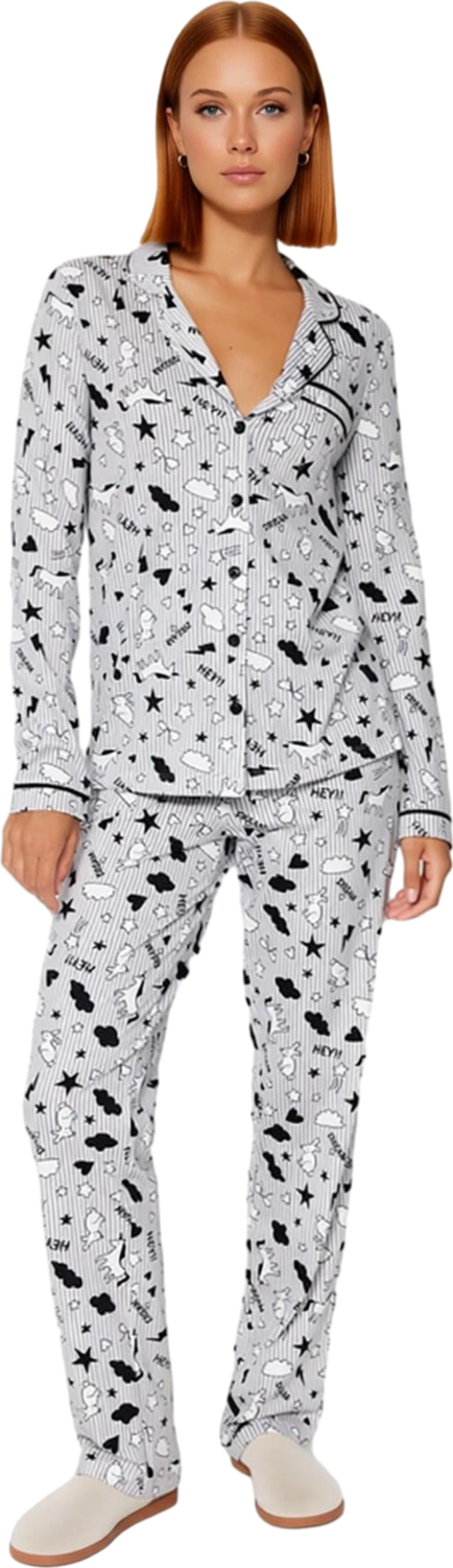 Kadın Baskılı Pamuklu Pijama Takımı Gömlek Pantolon Fonksiyonel Dayanıklı Kaliteli Estetik
