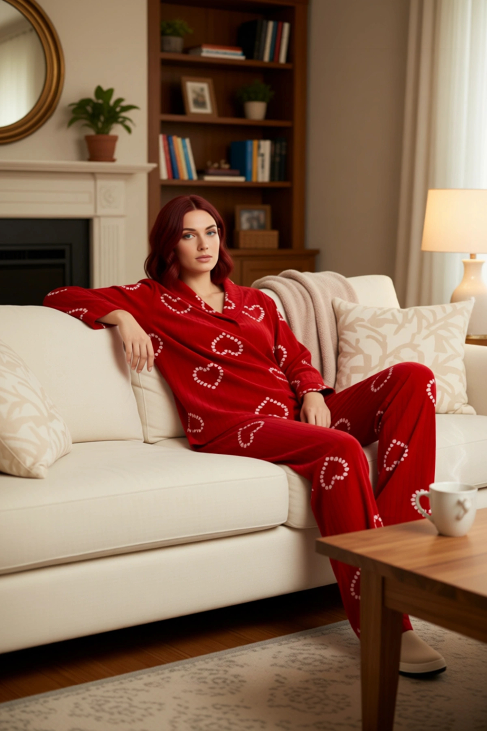 Kirmizi Kalpli Polar Pijama Takımı Kadin Fonksiyonel Dayanıklı Kaliteli Konforlu Estetik Şık