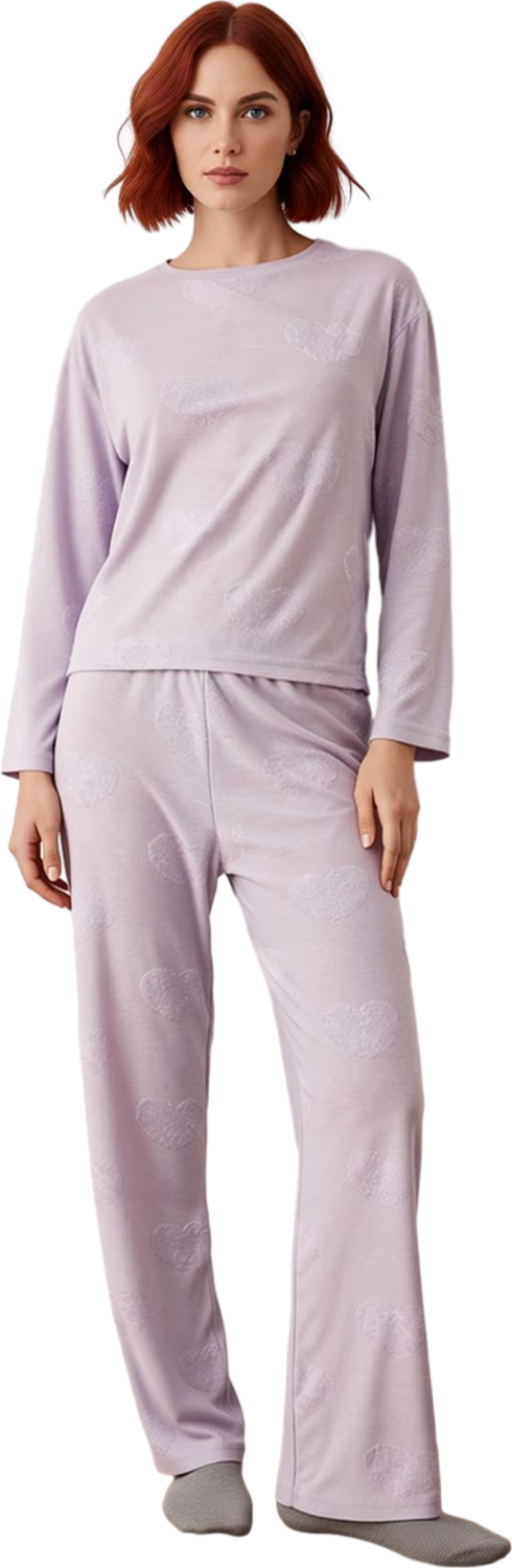 Kadın Kalp Baskılı Uzun Kollu Pijama Takımı Fonksiyonel Dayanıklı Kaliteli Konforlu Modern