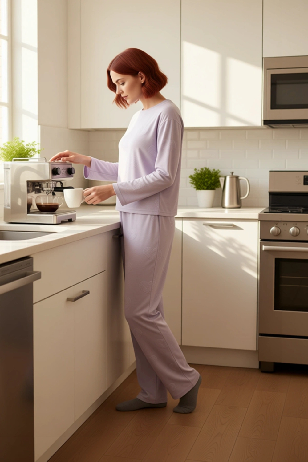 Kadın Kalp Baskılı Uzun Kollu Pijama Takımı Fonksiyonel Dayanıklı Kaliteli Konforlu Modern