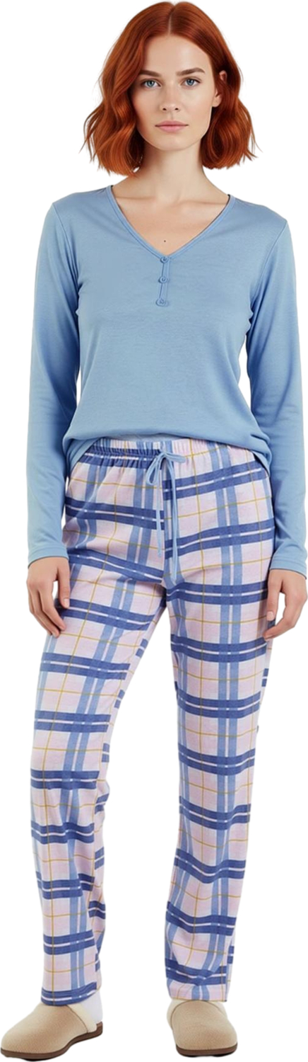 Kadın Kareli V Yaka Uzun Kollu Pijama Takımı Fonksiyonel Dayanıklı Kaliteli Konforlu Rahat
