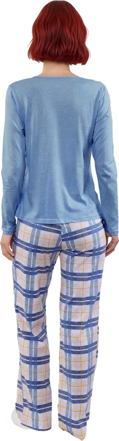 Kadın Kareli V Yaka Uzun Kollu Pijama Takımı Fonksiyonel Dayanıklı Kaliteli Konforlu Rahat