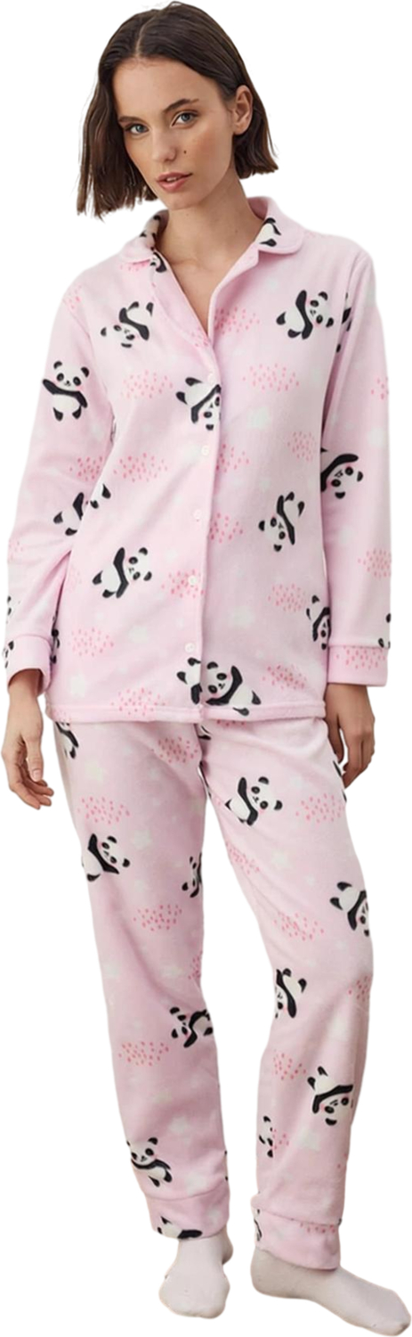 Kadın Polar Panda Baskılı Pijama Takımı Gömlek Jogger Fonksiyonel Dayanıklı Kaliteli Rahat