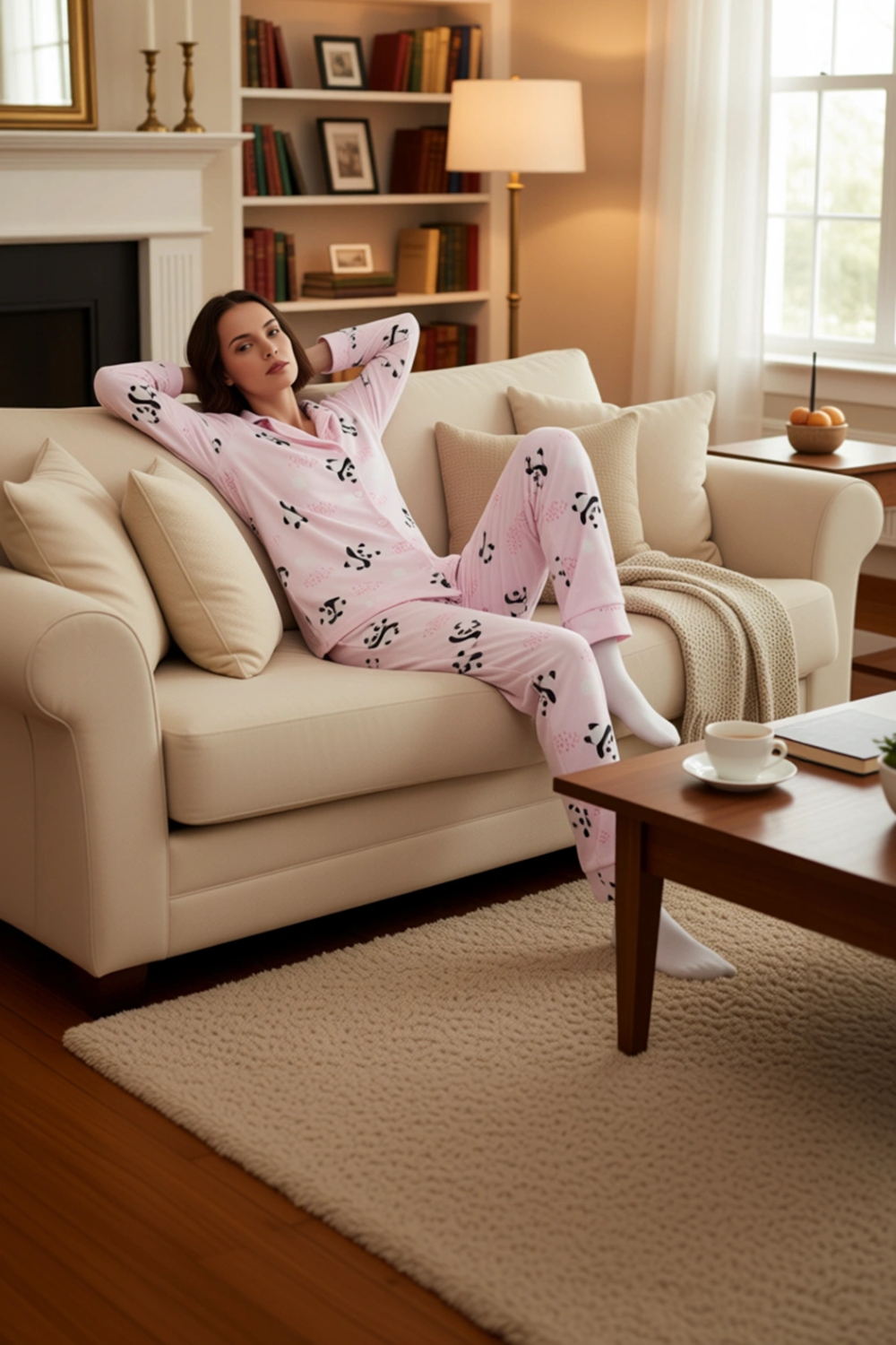 Kadın Polar Panda Baskılı Pijama Takımı Gömlek Jogger Fonksiyonel Dayanıklı Kaliteli Rahat
