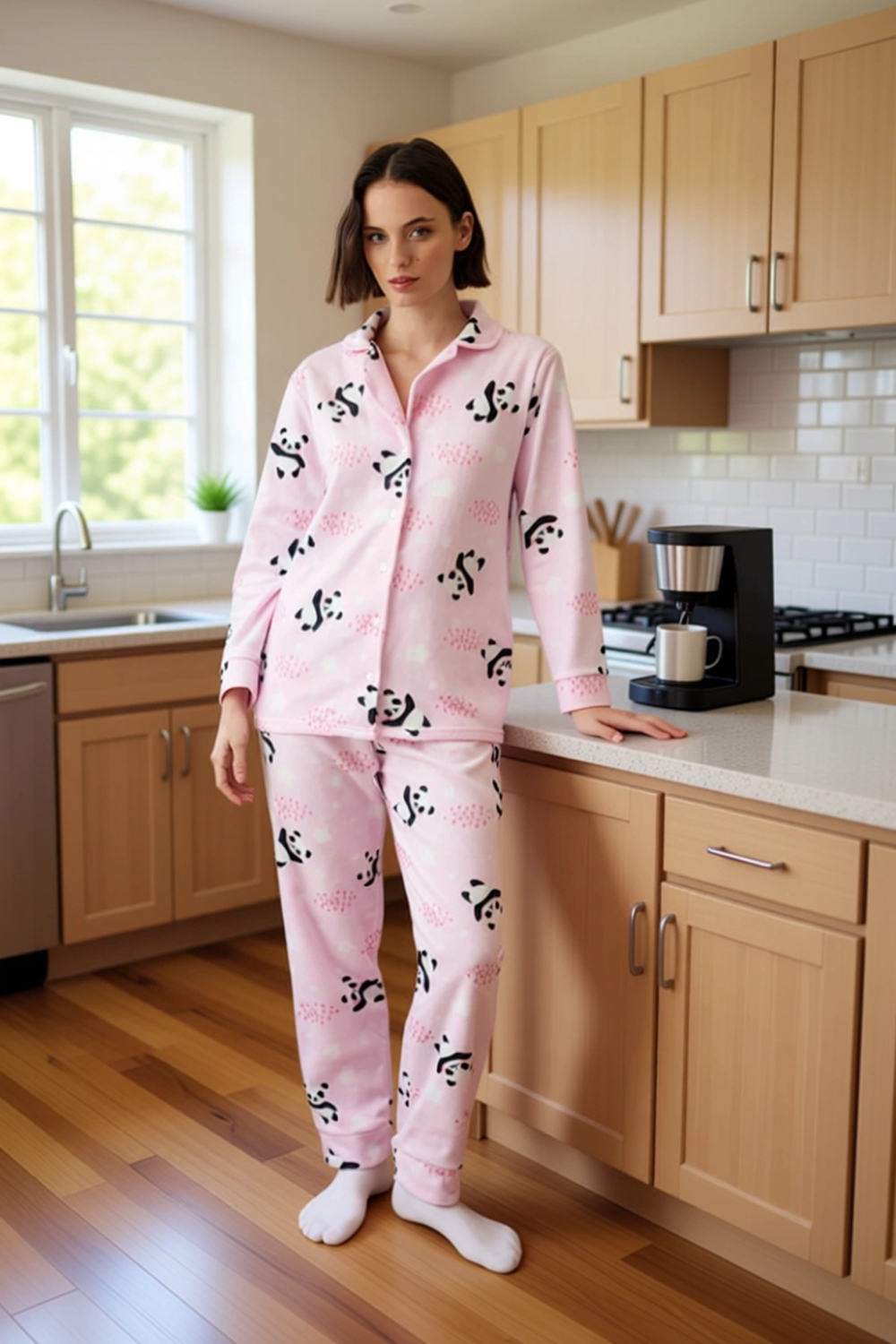 Kadın Polar Panda Baskılı Pijama Takımı Gömlek Jogger Fonksiyonel Dayanıklı Kaliteli Rahat