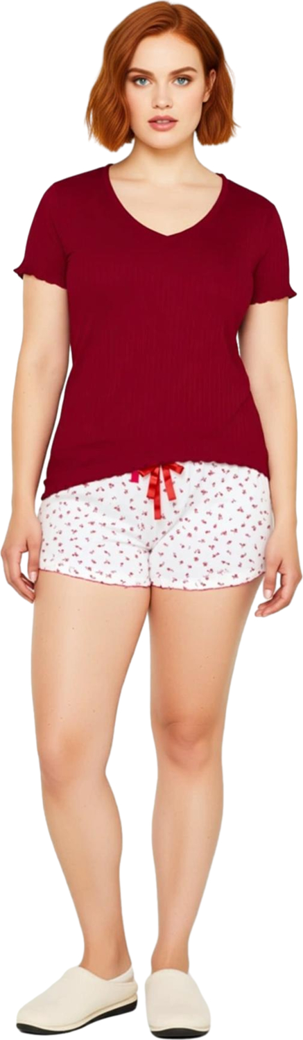V Yaka Örme Pijama Takımı Çiçek Desenli Kadın Fonksiyonel Dayanıklı Kaliteli Konforlu Spor
