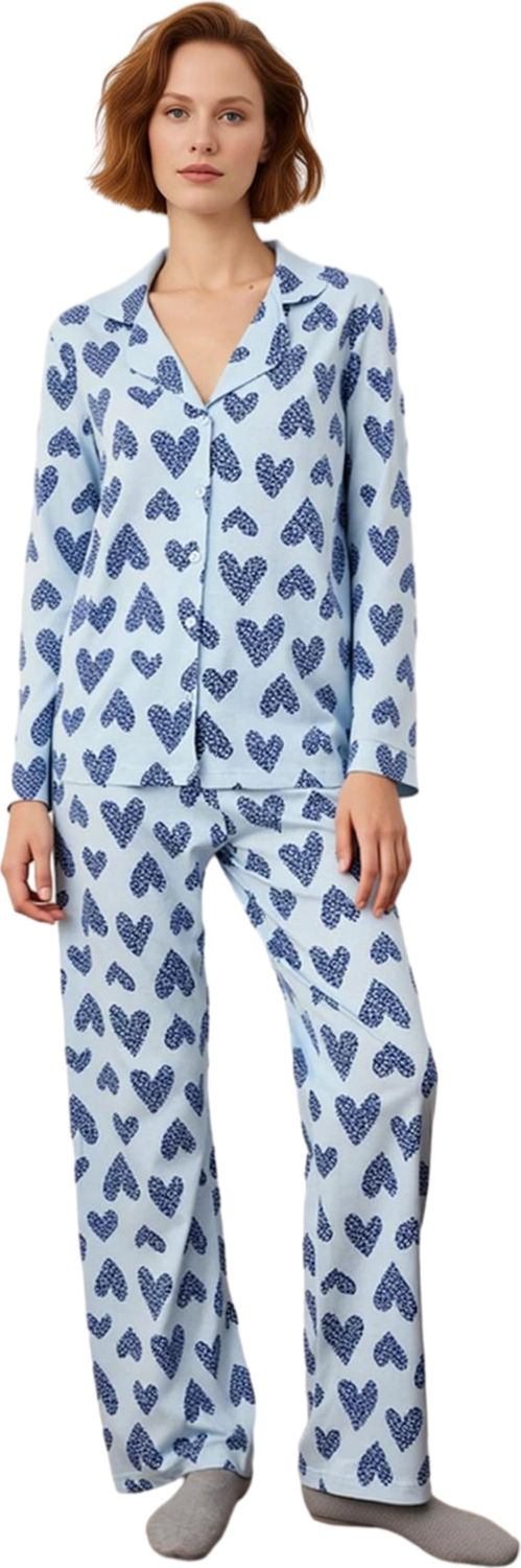 Kadın Kalpli Baskılı Gömlek Yaka Pijama Takımı Fonksiyonel Dayanıklı Kaliteli Konforlu Şık