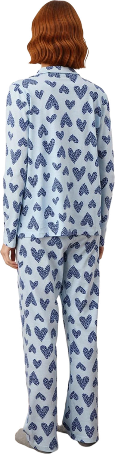Kadın Kalpli Baskılı Gömlek Yaka Pijama Takımı Fonksiyonel Dayanıklı Kaliteli Konforlu Şık