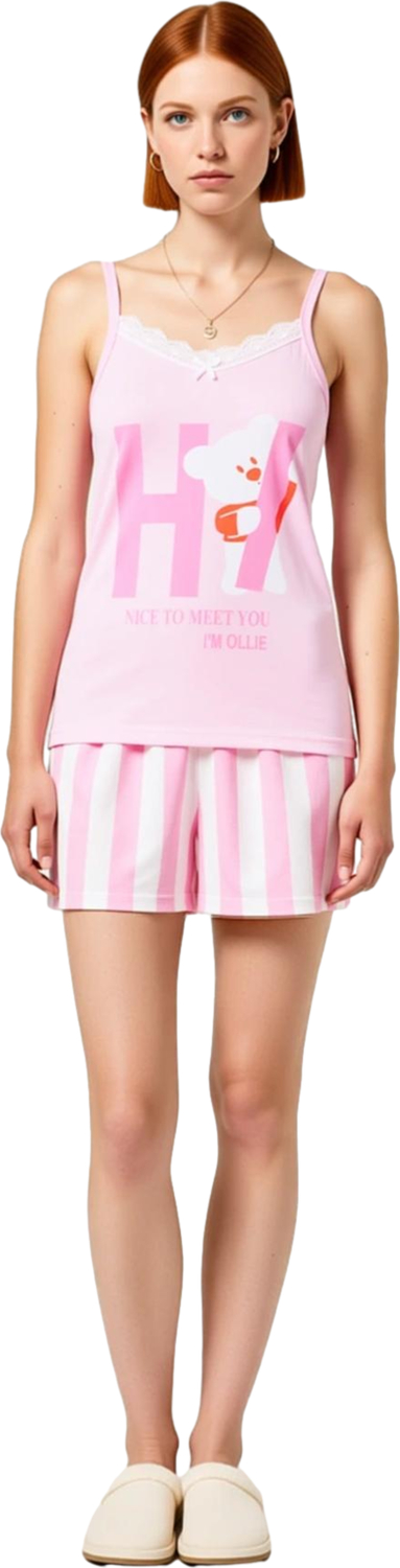 Kadın Çizgili Ayıcık Baskılı Pijama Takımı Fonksiyonel Dayanıklı Kaliteli Konforlu Estetik