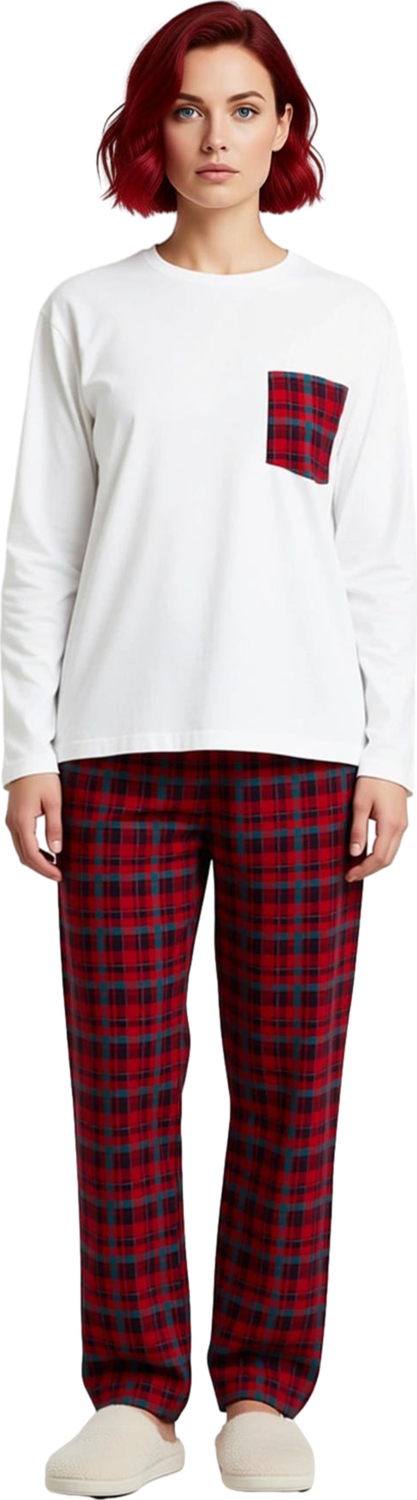 Kadın Ekose Cepli Bisiklet Yaka Pijama Takımı Fonksiyonel Dayanıklı Kaliteli Konforlu Spor