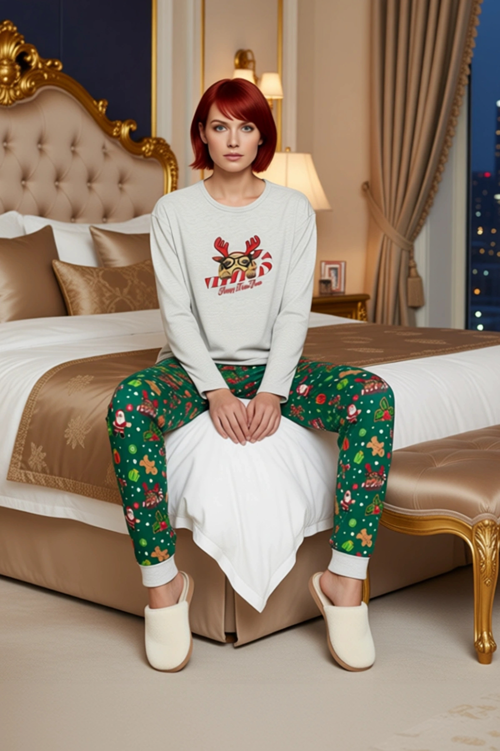 Kadin Yesil Yılbaşı Desenli Pijama Takımı Fonksiyonel Dayanıklı Kaliteli Konforlu Estetik Şık
