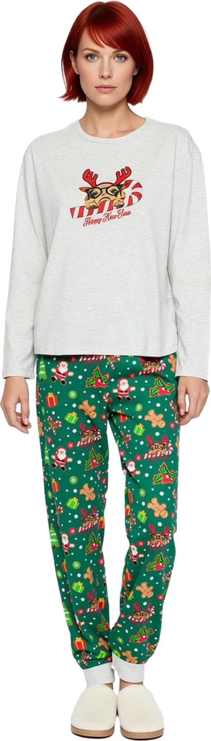 Kadin Yesil Yılbaşı Desenli Pijama Takımı Fonksiyonel Dayanıklı Kaliteli Konforlu Estetik Şık