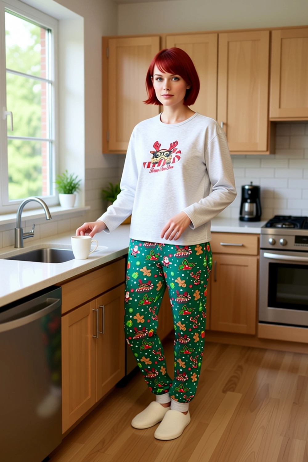 Kadin Yesil Yılbaşı Desenli Pijama Takımı Fonksiyonel Dayanıklı Kaliteli Konforlu Estetik Şık