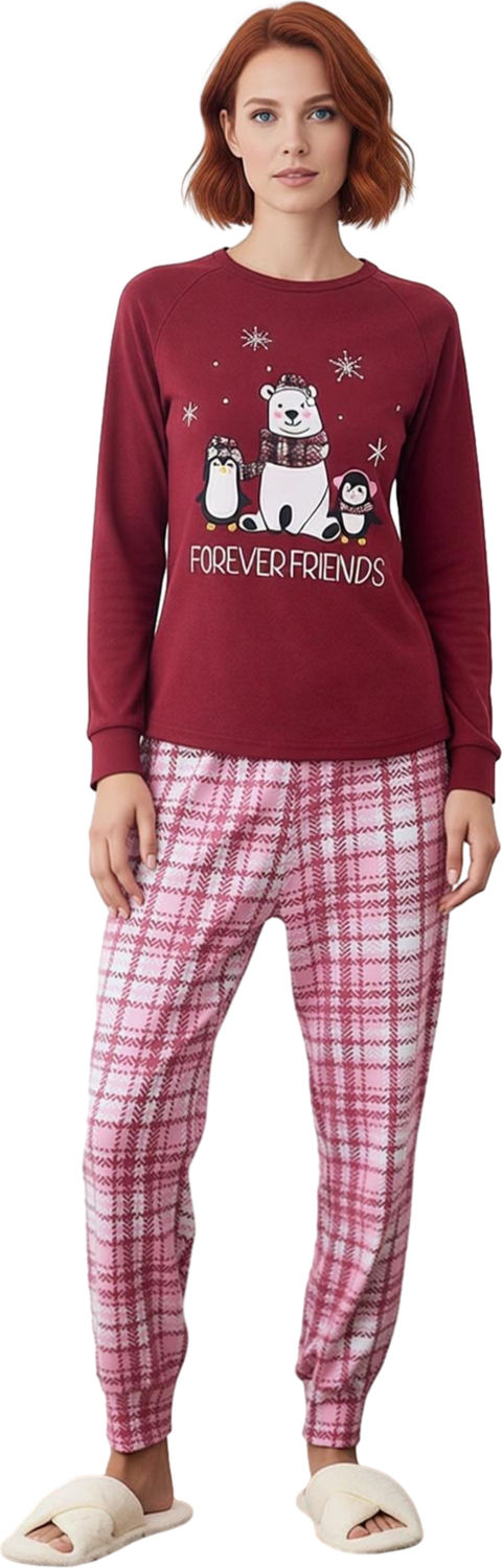 Kadın Ayıcıklı Penguen Baskılı Ekose Pijama Takımı Fonksiyonel Dayanıklı Kaliteli Konforlu
