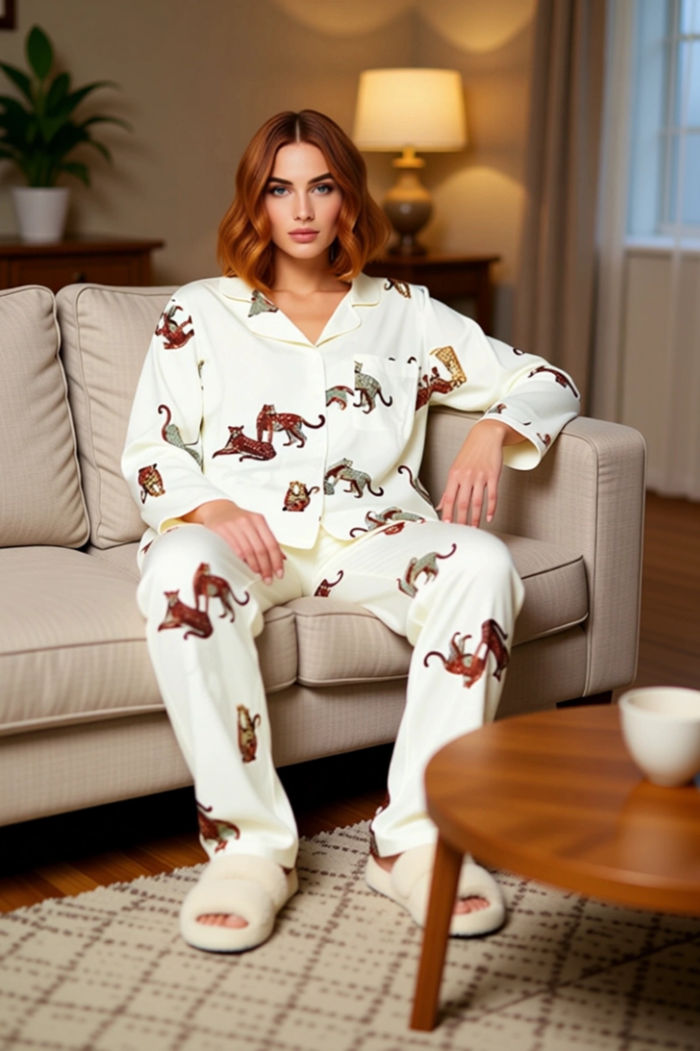 Kadın Vahşi Desenli Gömlek Yaka Pijama Takımı Fonksiyonel Dayanıklı Kaliteli Konforlu Spor