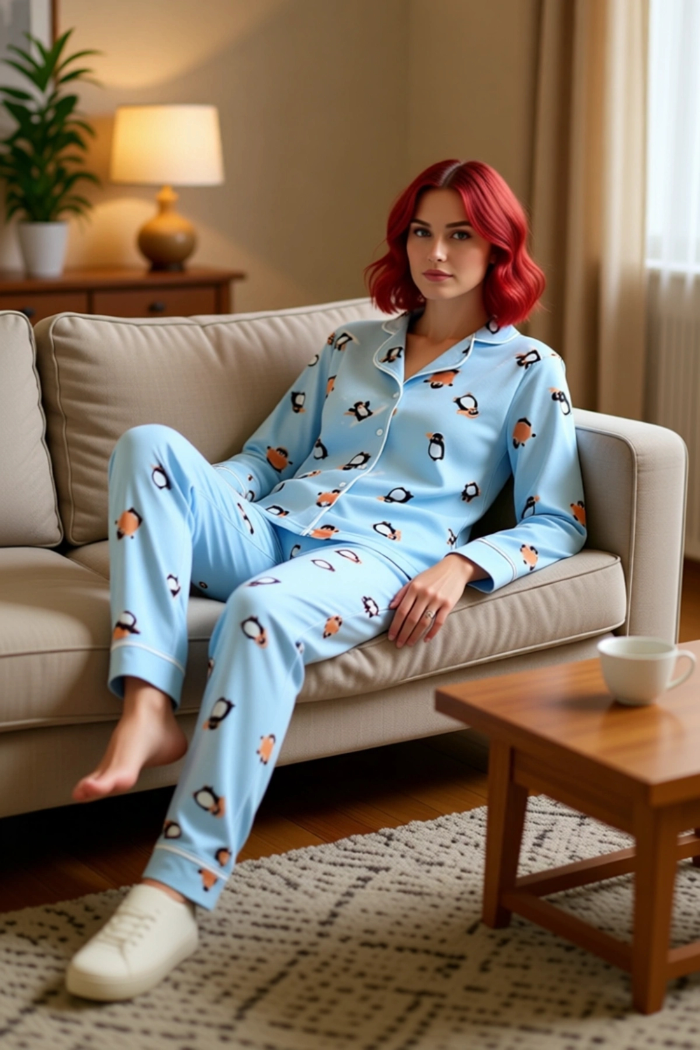 Kadın Penguen Desenli Uzun Kollu Pijama Takımı Fonksiyonel Dayanıklı Kaliteli Konforlu Şık