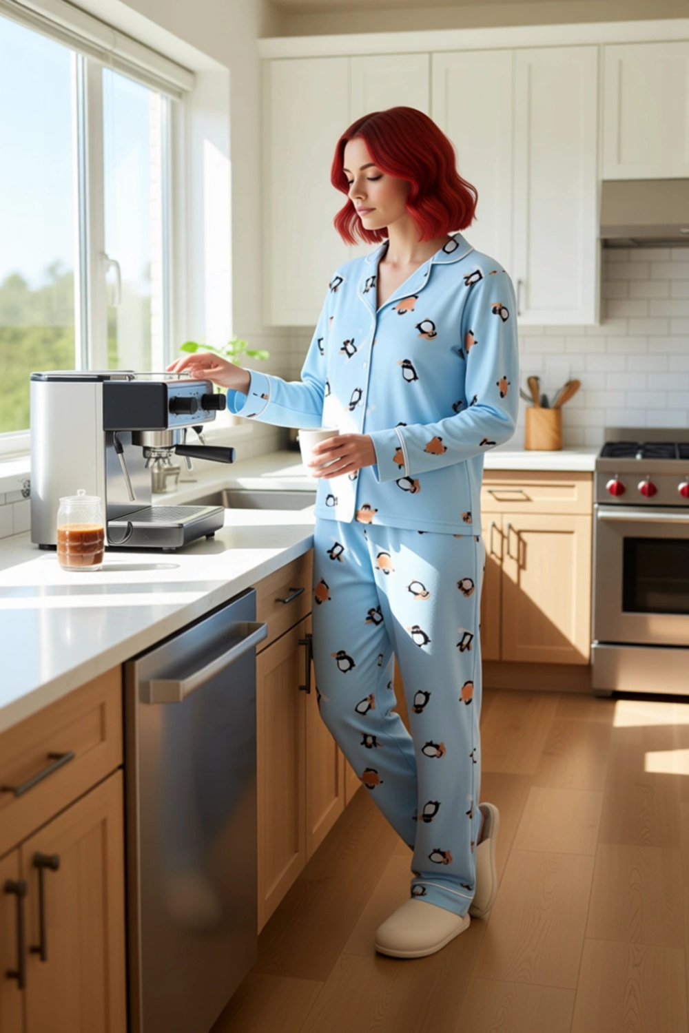 Kadın Penguen Desenli Uzun Kollu Pijama Takımı Fonksiyonel Dayanıklı Kaliteli Konforlu Şık
