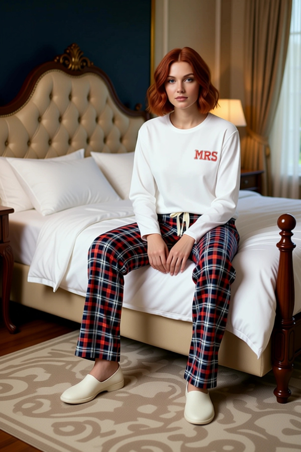 Kadın Bisiklet Yaka Ekose Desenli Pijama Takımı Uzun Kol Fonksiyonel Dayanıklı Kaliteli Şık