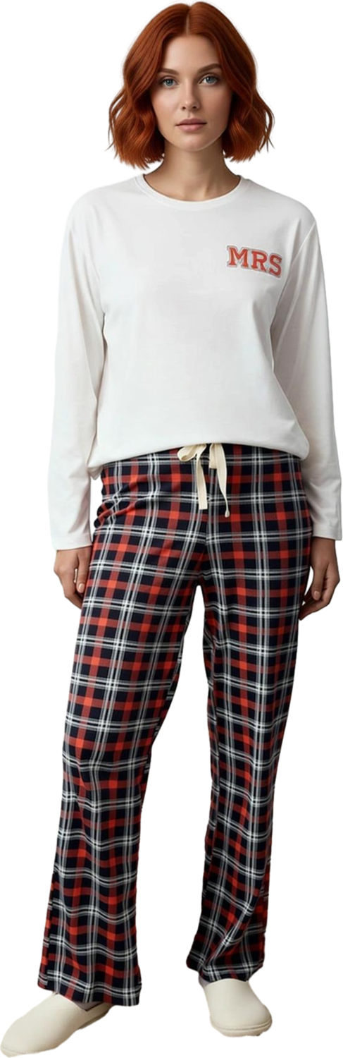 Kadın Bisiklet Yaka Ekose Desenli Pijama Takımı Uzun Kol Fonksiyonel Dayanıklı Kaliteli Şık