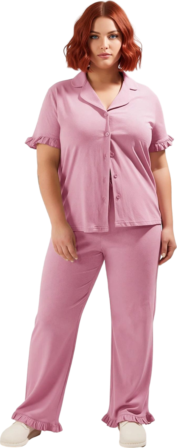 Kadın Gömlek Yaka Fırfırlı Örme Pijama Takımı Fonksiyonel Dayanıklı Kaliteli Konforlu Spor