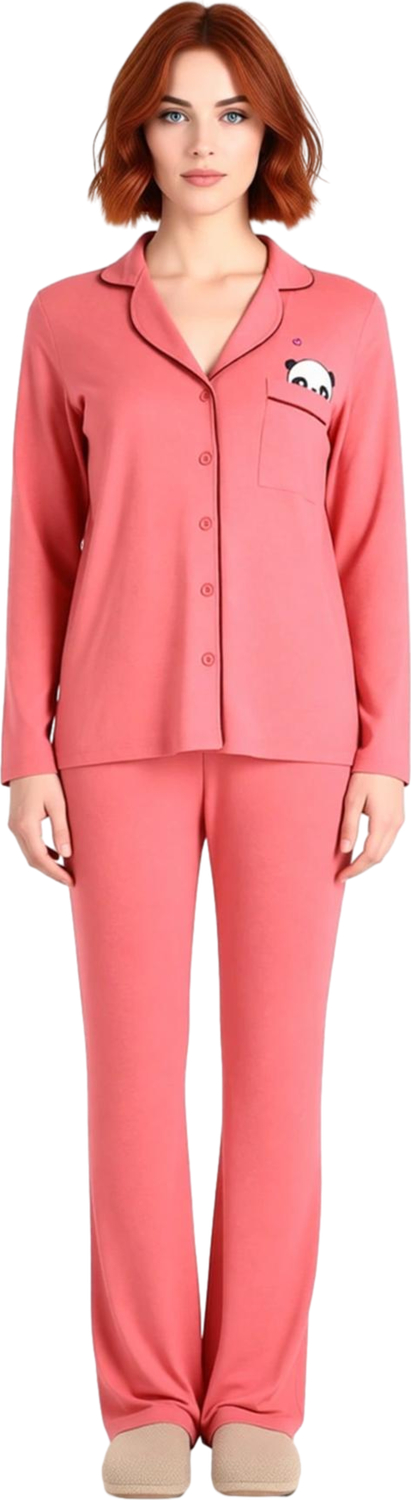 Tarz Rahat Büyük Beden Uzun Kollu Geniş Paça Panda Baskılı Örme Pijama Takımı
