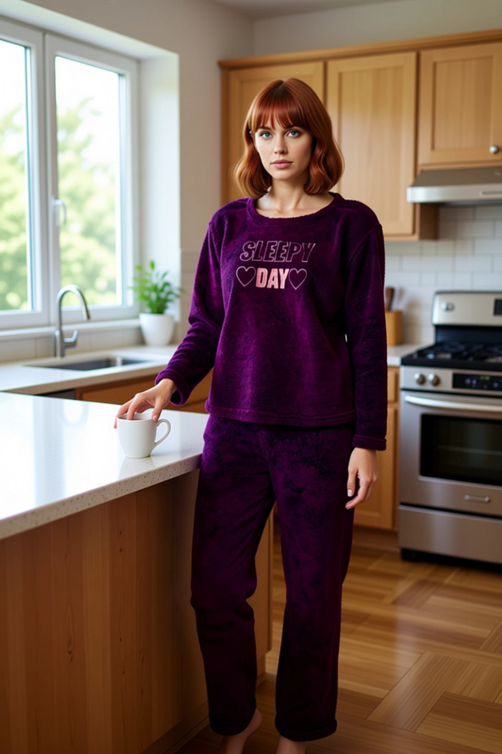 Kadın Mürdüm Nakışlı Wellsoft Pijama Takımı Fonksiyonel Dayanıklı Kaliteli Konforlu Modern