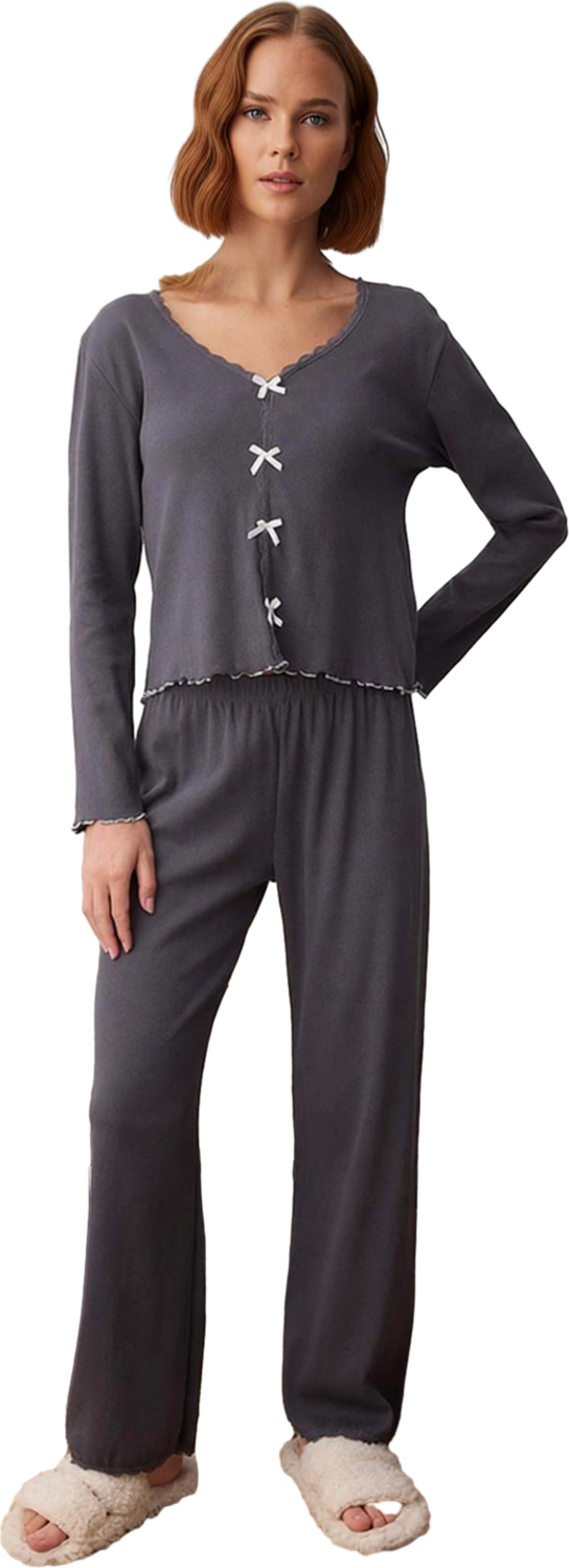 Kadın V Yaka Fiyonk Detaylı Fitilli Örme Pijama Takımı Ev Giyim Fonksiyonel Dayanıklı Spor
