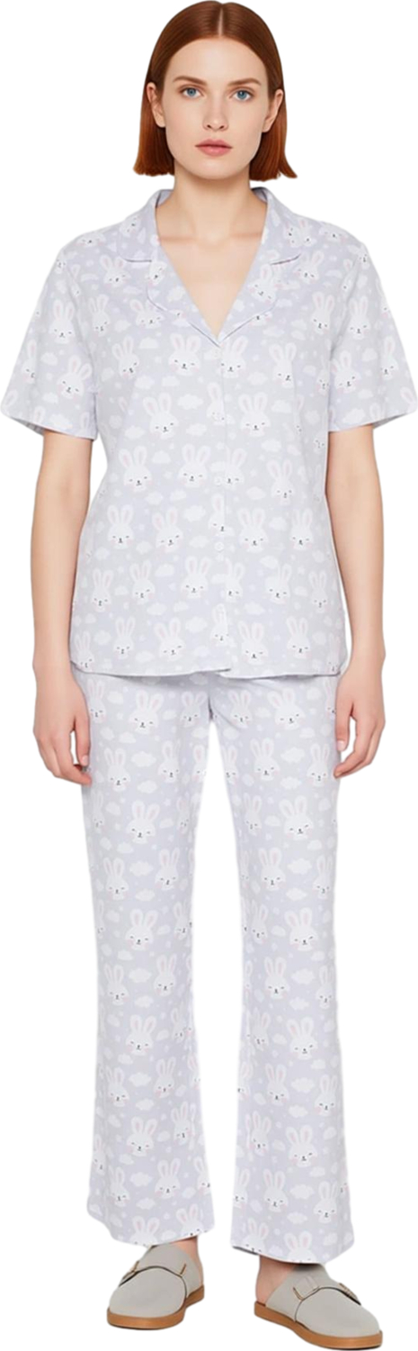 Kadın Tavşan Desenli Gömlek Pijama Takımı Fonksiyonel Dayanıklı Kaliteli Konforlu Estetik Şık
