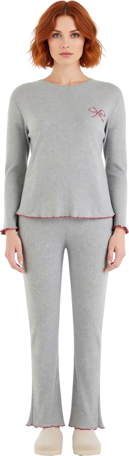 Kadın Fiyonk Detaylı Bisiklet Yaka Uzun Kollu Pijama Takımı Fonksiyonel Dayanıklı Kaliteli