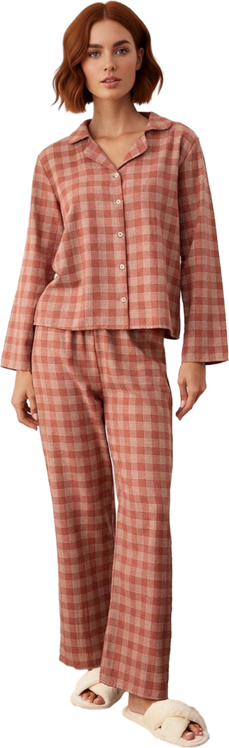 Kadın Uzun Kollu Ekose Pijama Takımı Fonksiyonel Dayanıklı Kaliteli Konforlu Estetik Rahat