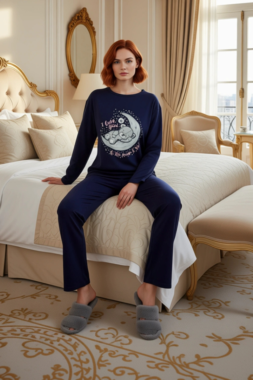 Kadın Ayıcık Baskılı Uzun Kollu Pijama Takımı Fonksiyonel Dayanıklı Kaliteli Konforlu Spor