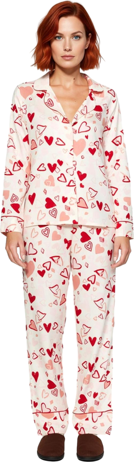 Kadın Viskon Kalpli Baskılı Pijama Takımı Fonksiyonel Dayanıklı Kaliteli Konforlu Estetik Şık