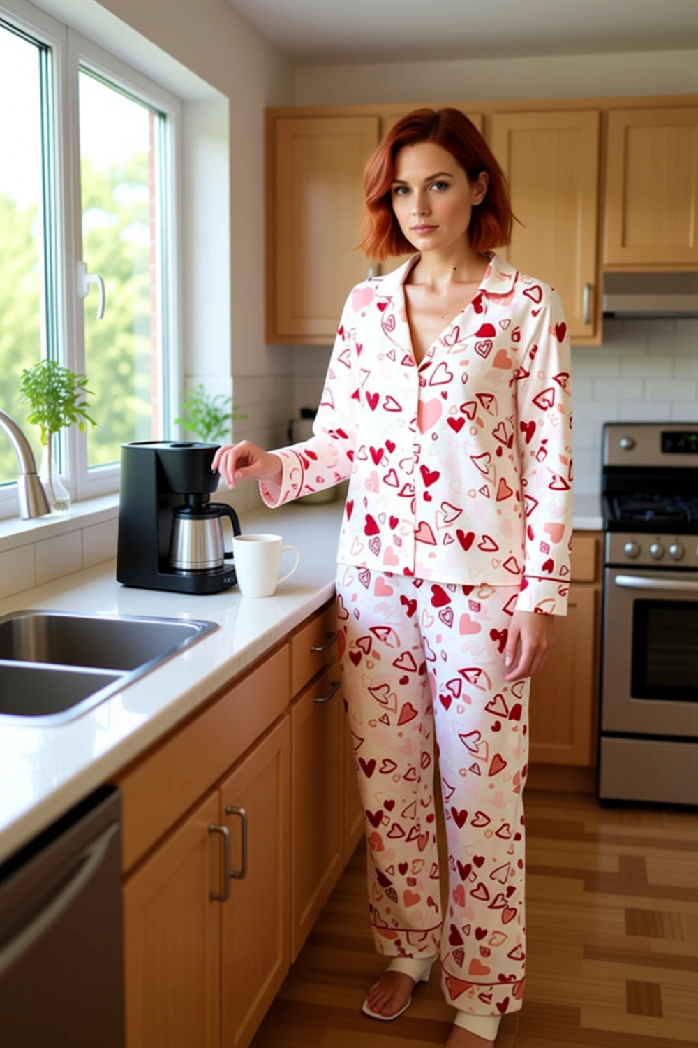 Kadın Viskon Kalpli Baskılı Pijama Takımı Fonksiyonel Dayanıklı Kaliteli Konforlu Estetik Şık