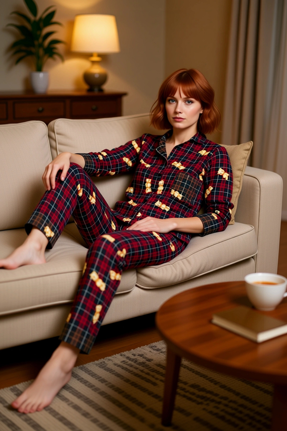 Kadin Ekose Ayici Baskılı Pijama Takımı Gömlek Yaka Fonksiyonel Dayanıklı Kaliteli Estetik
