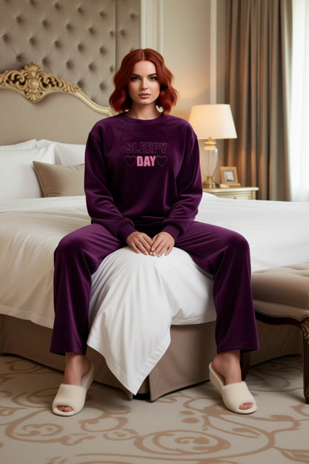 Kadın Peluş Pijama Takımı Slogan Detaylı Fonksiyonel Dayanıklı Kaliteli Konforlu Estetik Şık