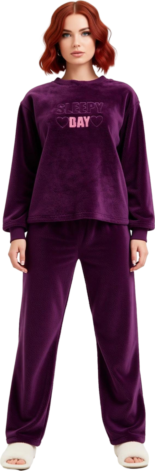Kadın Peluş Pijama Takımı Slogan Detaylı Fonksiyonel Dayanıklı Kaliteli Konforlu Estetik Şık