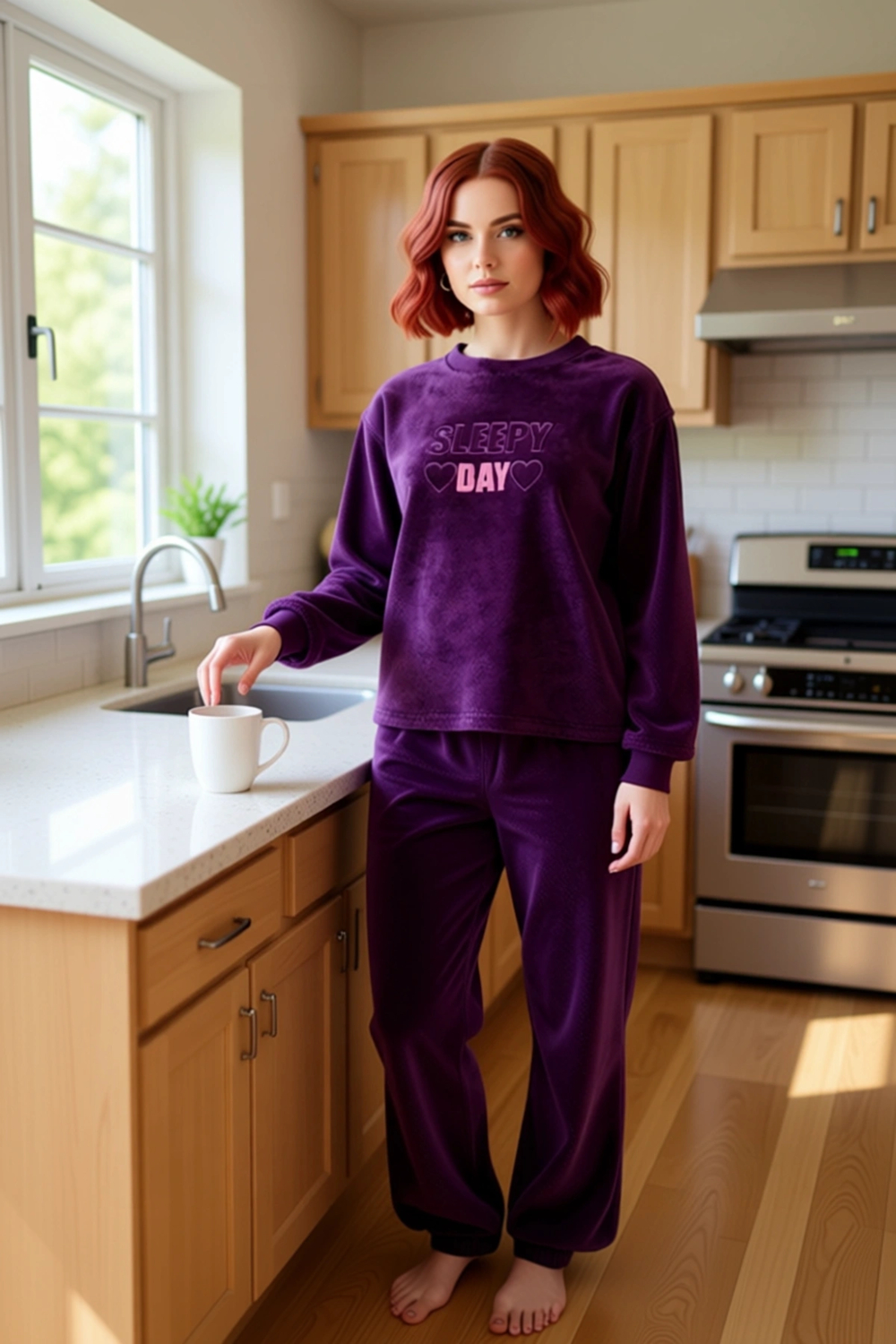 Kadın Peluş Pijama Takımı Slogan Detaylı Fonksiyonel Dayanıklı Kaliteli Konforlu Estetik Şık
