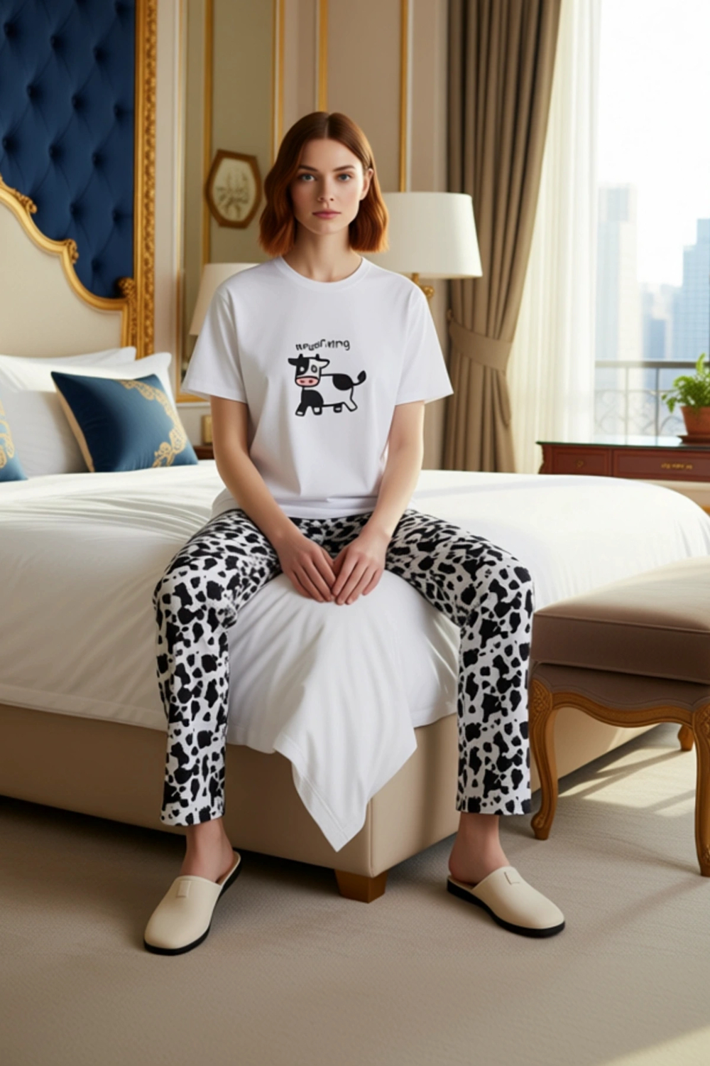 Kadın İnek Desenli Pamuklu Pijama Takımı Fonksiyonel Dayanıklı Kaliteli Konforlu Estetik Şık
