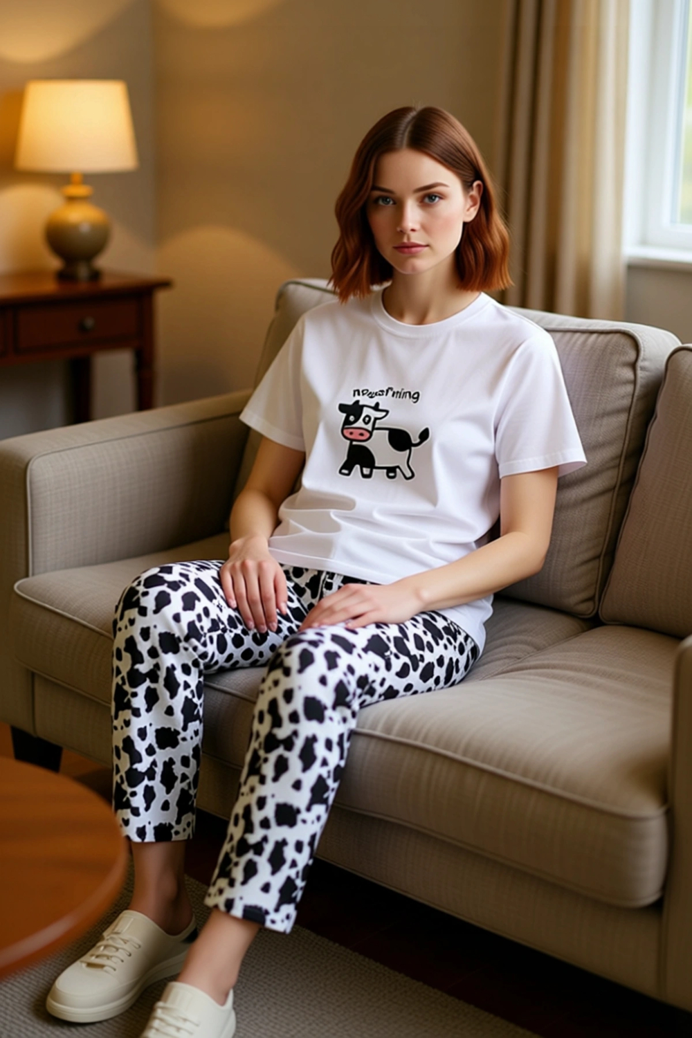 Kadın İnek Desenli Pamuklu Pijama Takımı Fonksiyonel Dayanıklı Kaliteli Konforlu Estetik Şık
