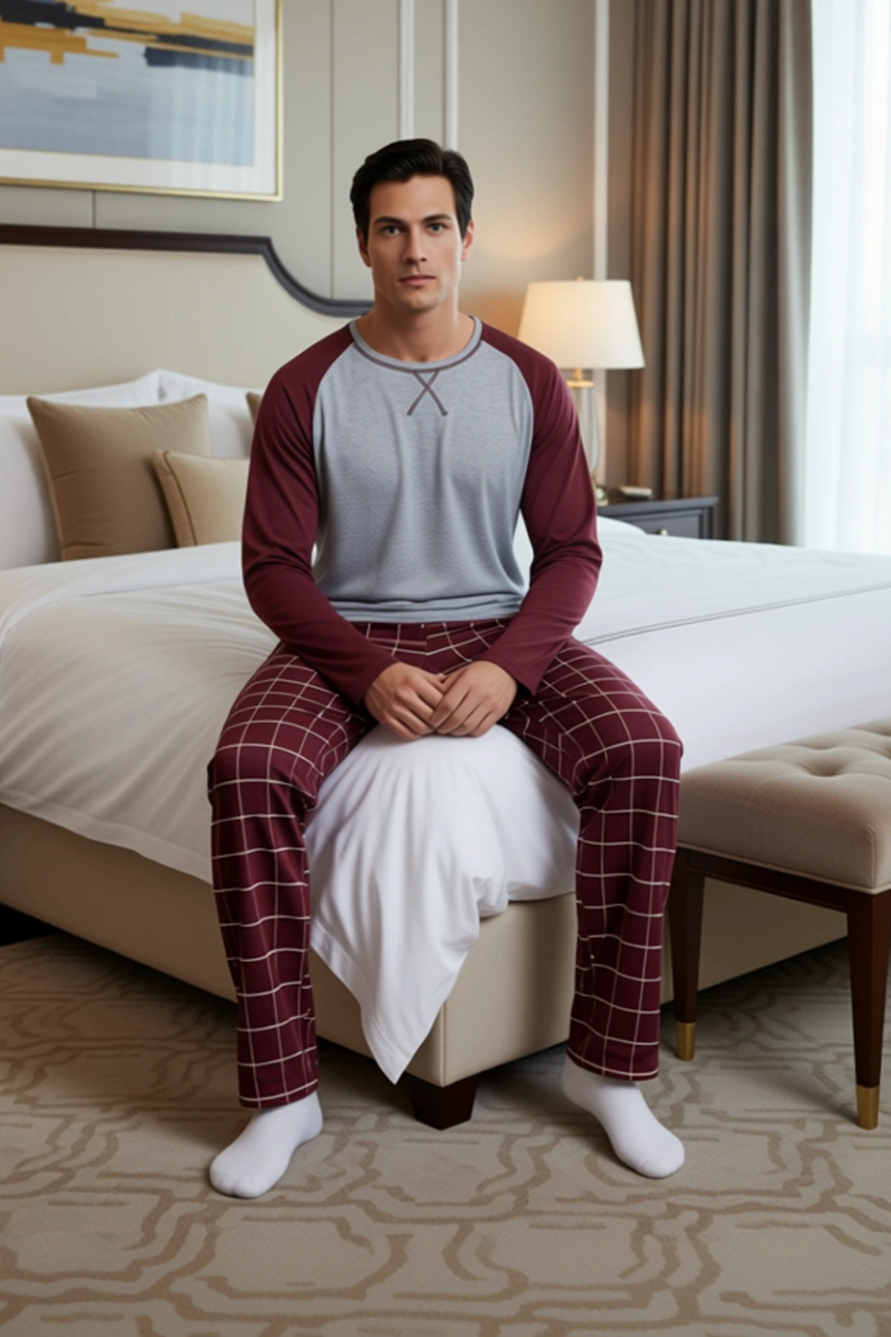 Erkek Ekose Desenli Pijama Takımı Bisiklet Yaka Uzun Kollu Fonksiyonel Dayanıklı Kaliteli Şık