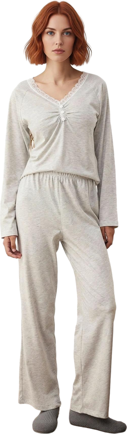 Kadın Melanj Dantelli Uzun Kollu Pijama Takımı Fonksiyonel Dayanıklı Kaliteli Konforlu Şık
