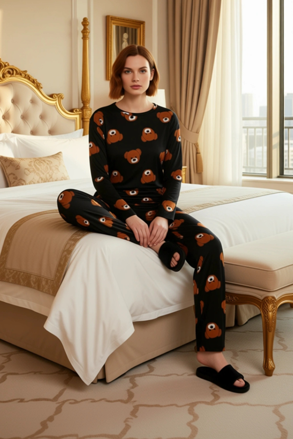 Kadın Ayıcık Desenli Pijama Takımı Bisiklet Yaka Fonksiyonel Dayanıklı Kaliteli Konforlu Şık